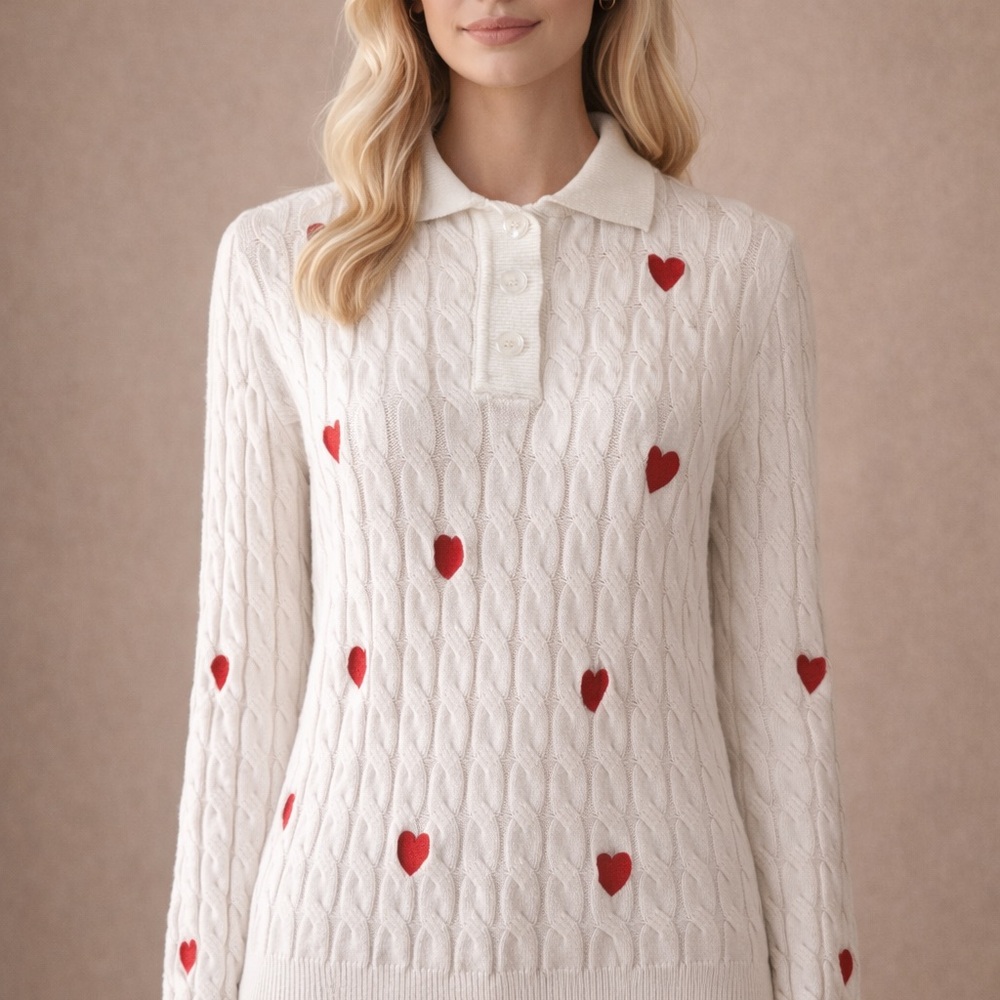 Women's White Sweater with Red Heart Accents